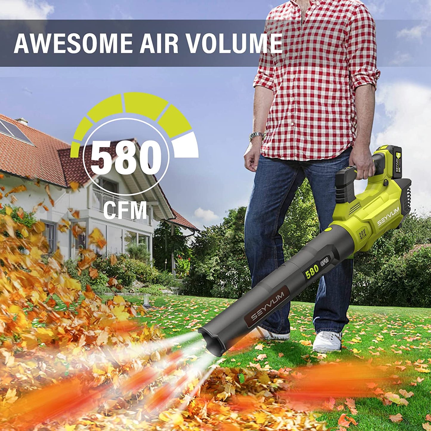 SEYVUM Leaf Blower - 580CFM 20V Leaf Blower Cordless with 2 X 3.0 Battery & Charger, 3-Speed Dial Electric Handheld Leaf Blower - Lightweight Powerful Blower Battery Operated for Lawn Care | Jobsite