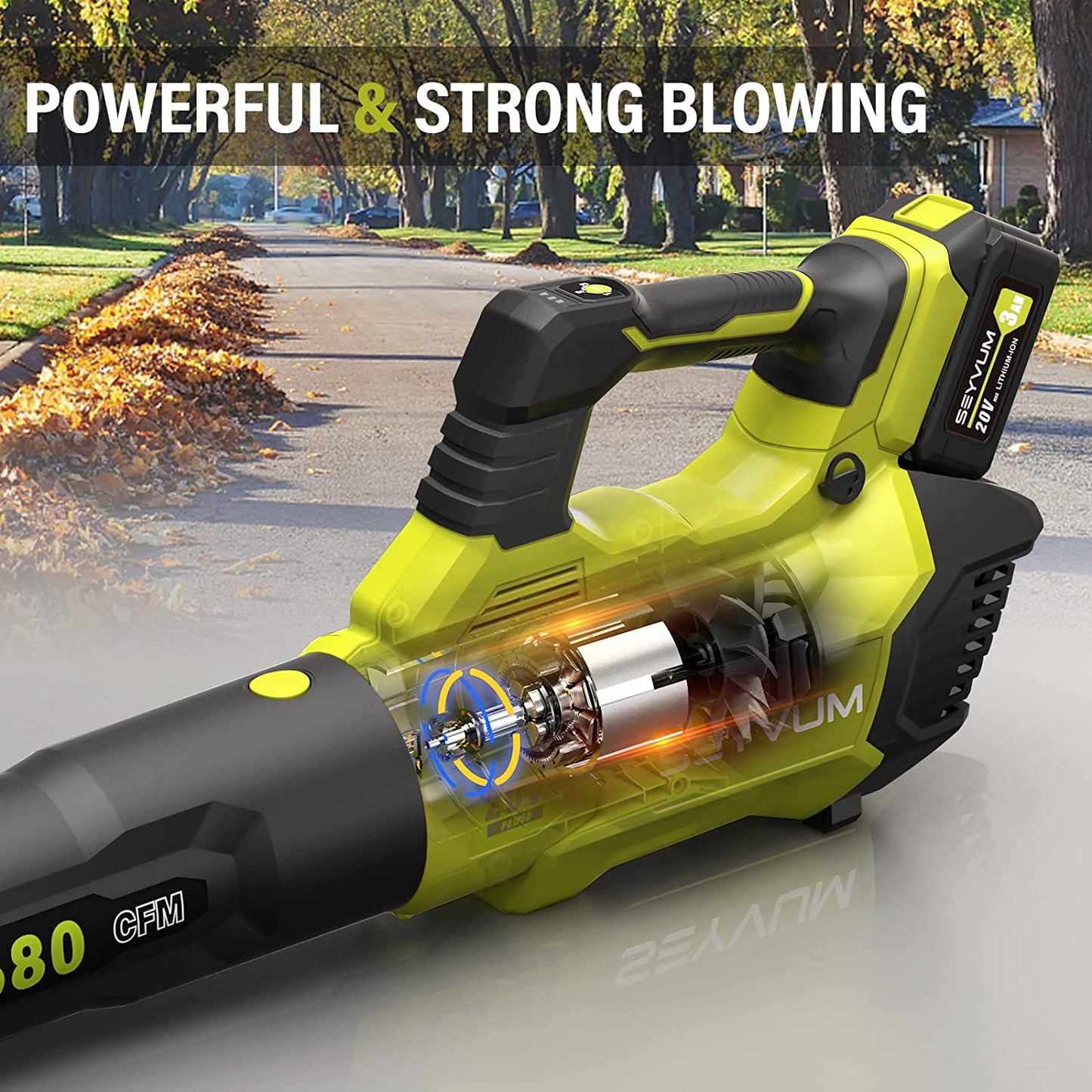 SEYVUM Leaf Blower - 580CFM 20V Leaf Blower Cordless with 2 X 3.0 Battery & Charger, 3-Speed Dial Electric Handheld Leaf Blower - Lightweight Powerful Blower Battery Operated for Lawn Care | Jobsite