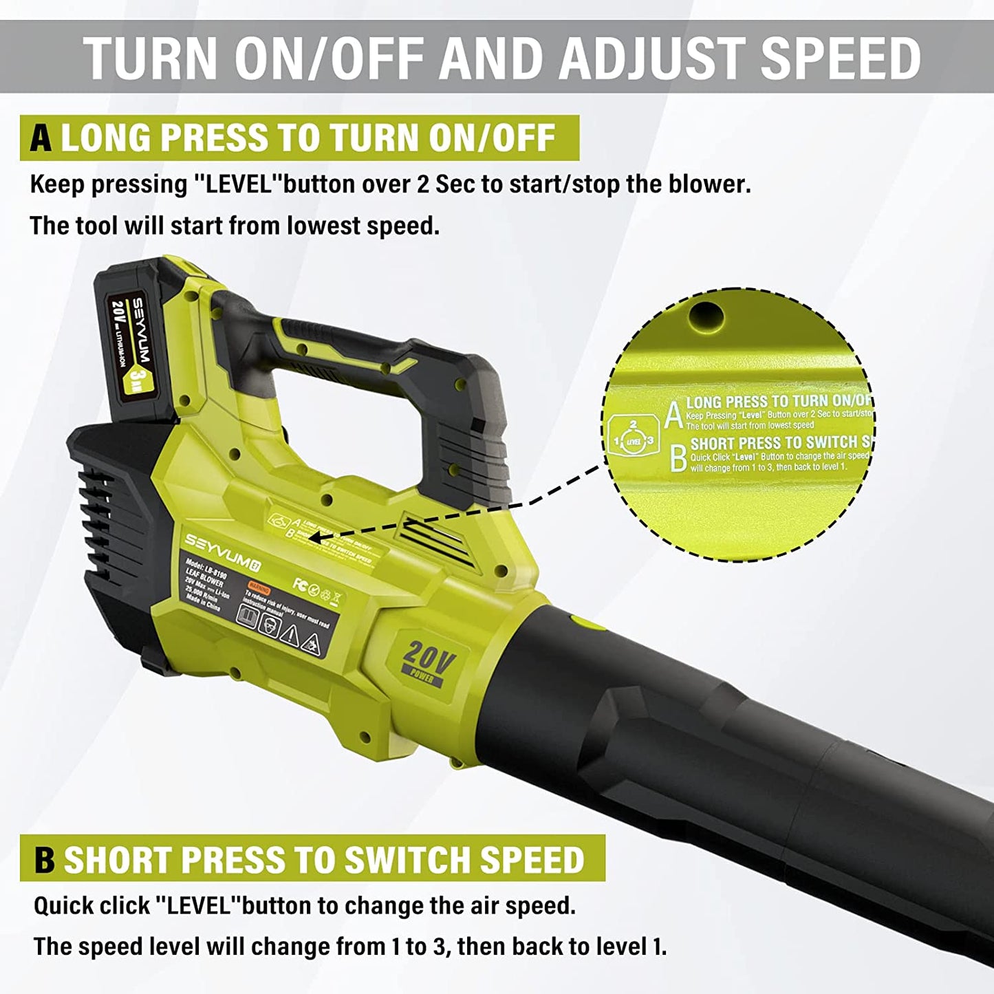 SEYVUM Leaf Blower - 580CFM 20V Leaf Blower Cordless with 2 X 3.0 Battery & Charger, 3-Speed Dial Electric Handheld Leaf Blower - Lightweight Powerful Blower Battery Operated for Lawn Care | Jobsite